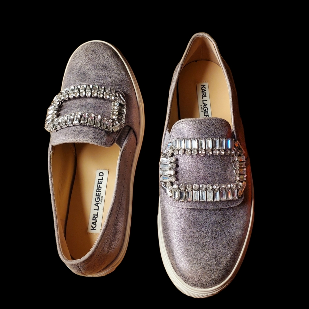 KARL LAGERFELD PARIS Metallic Silver Rhinestone Ermine Slip Ons Flats 7 GUC
